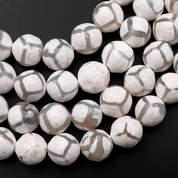 Tibetan Agate 8mm Round Beads Dzi Agate White Mala Antique Boho Beads 15.5" Strand