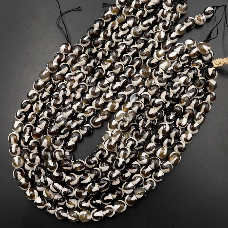 Tibetan Agate 10mm Round Beads Dzi Agate Brown Etched Line Ring Mala Antique Boho Beads 15.5" Strand