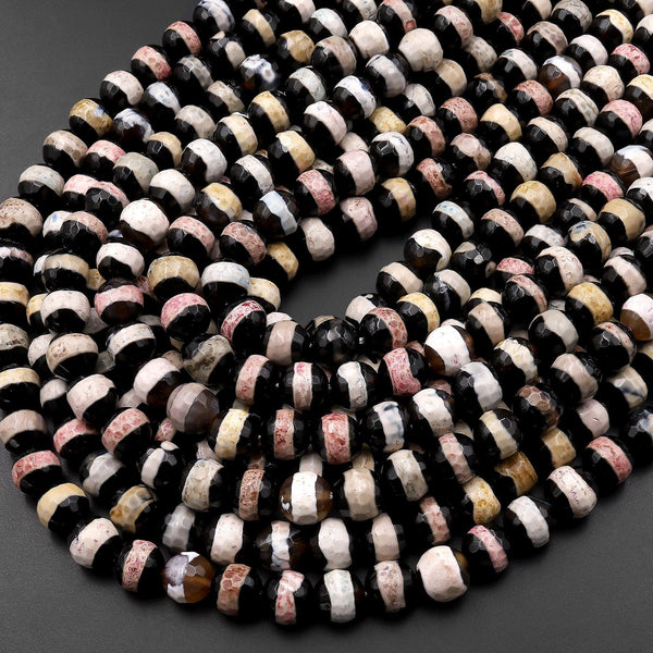 Tibetan Agate 6mm 8mm Round Beads Dzi Agate Rainbow Etched Line Ring Mala Antique Boho Beads 15.5" Strand