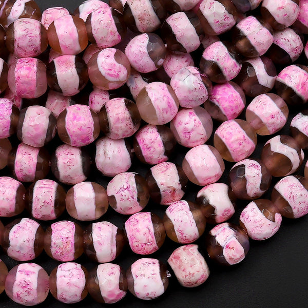 Tibetan Agate 6mm Round Beads Dzi Agate Pink Etched Line Ring Mala Antique Boho Beads 15.5" Strand