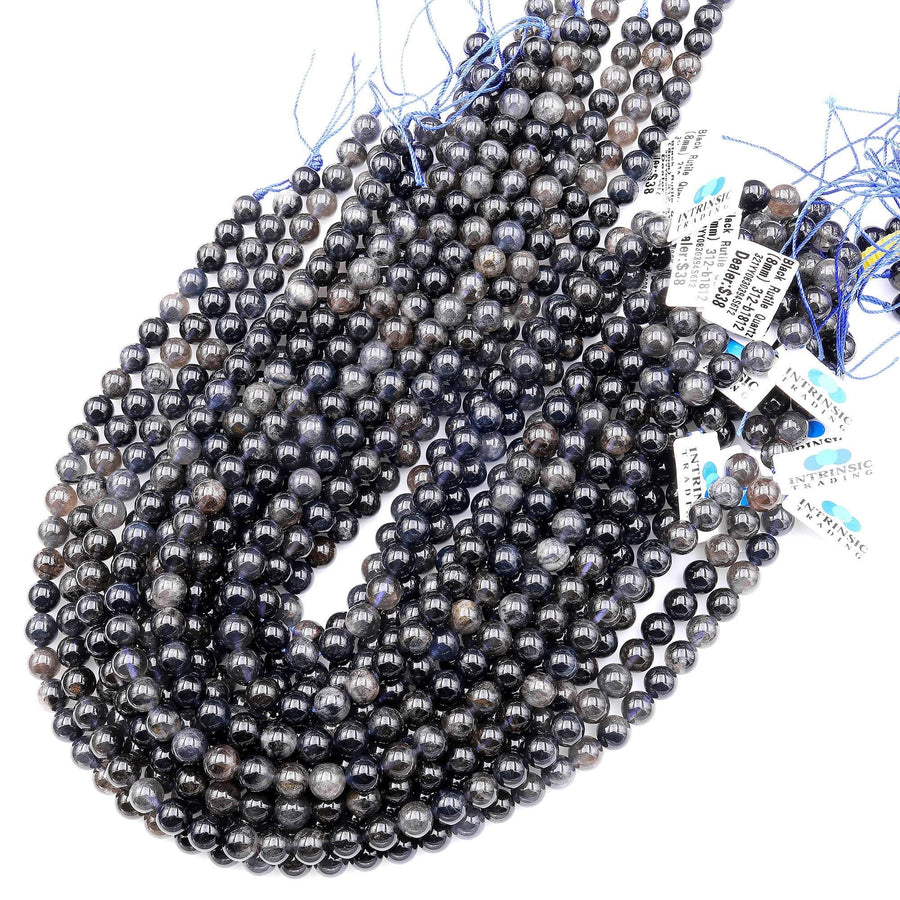 Rare Rare Natural Black Blue Rutilated Quartz 6mm 8mm 10mm 12mm 14mm Round Beads From Madagascar 15.5" Strand