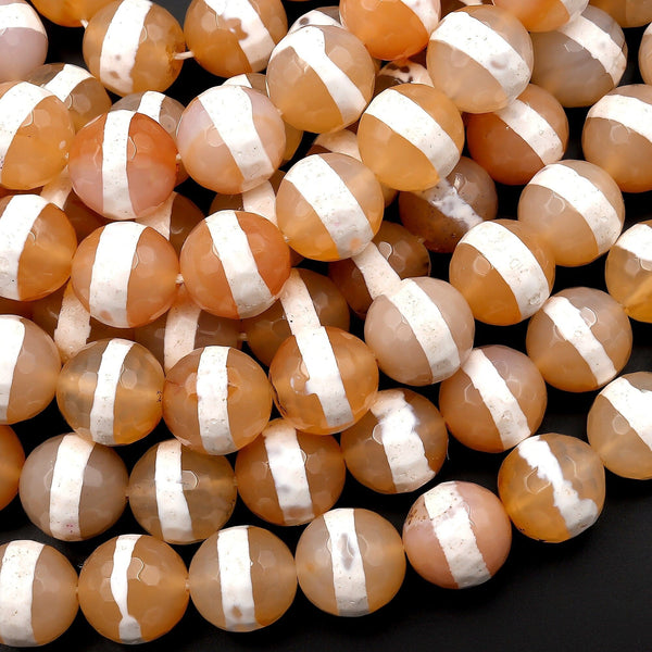 Tibetan Agate 10mm Round Beads Dzi Agate Peach Orange Etched Line Ring Mala Antique Boho Beads 15.5" Strand
