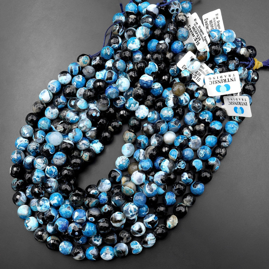 Faceted Azurite Agate 6mm 10mm Round Beads 15.5" Strand