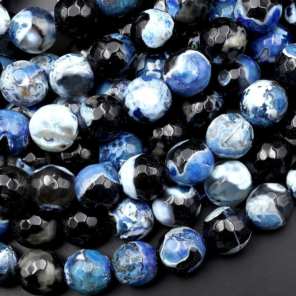 Faceted Phantom Blue Agate 10mm Round Beads 15.5" Strand