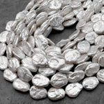 Large Natural White Coin Oval Pearl Iridescent High Quality Real Genuine Freshwater Pearls 15.5" Strand