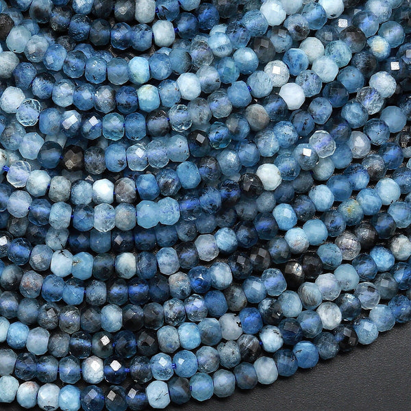 Faceted Natural Stormy Blue Santa Maria Aquamarine Rondelle Beads 3mm 4mm Gemstone 15.5" Strand