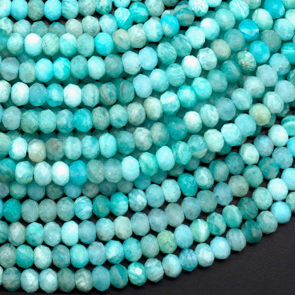 Natural Peruvian Amazonite 4mm Faceted Rondelle Beads Micro Diamond Cut Sea Blue Green Gemstone 15.5" Strand