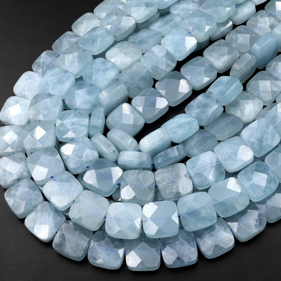 Natural Soft Blue Aquamarine Beads Faceted 12mm Square Beads 15.5" Strand