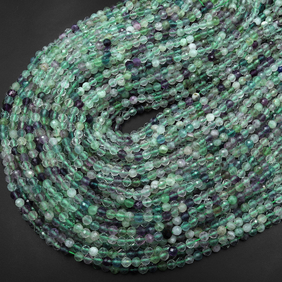 Natural Rainbow Fluorite Faceted 3mm 4mm 5mm Round Beads Micro Faceted Purple Green Gemstone Bead 15.5" Strand