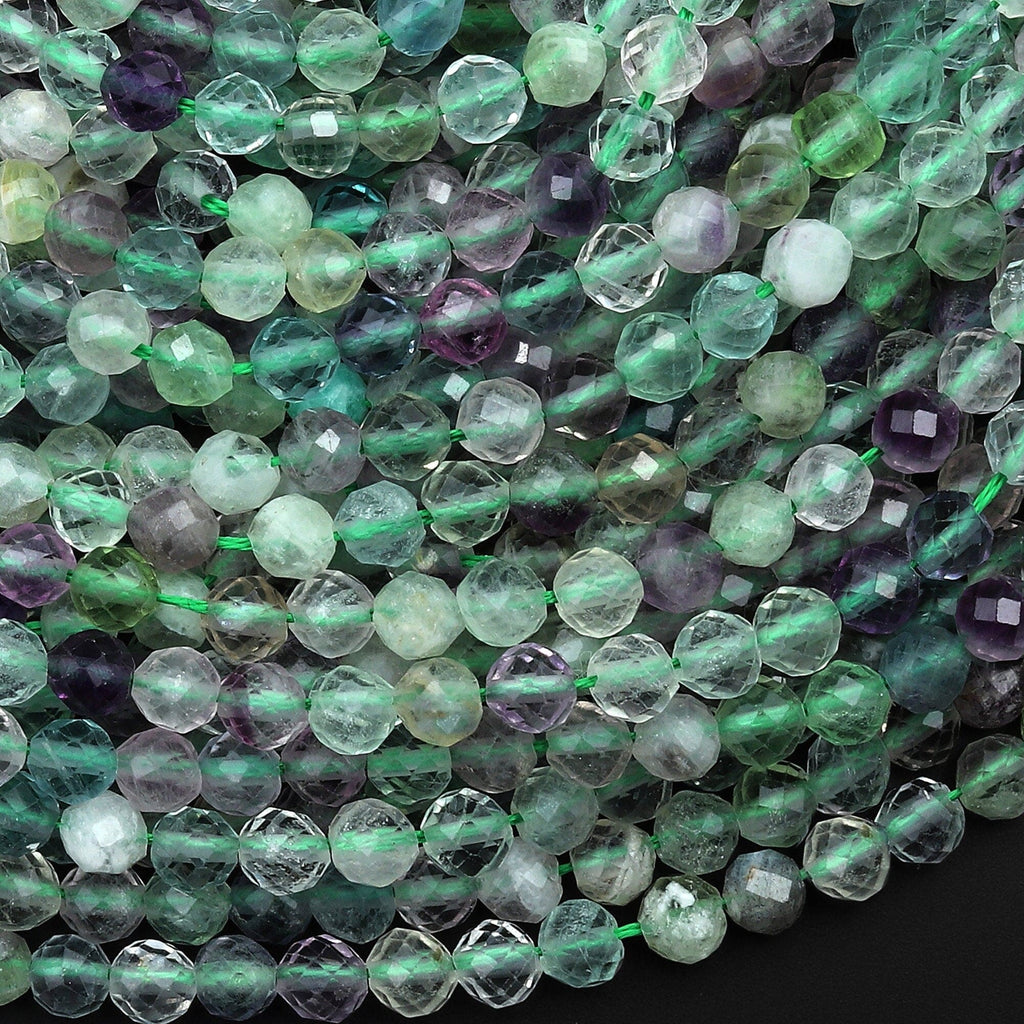Natural Rainbow Fluorite Faceted 3mm 4mm 5mm Round Beads Micro Faceted Purple Green Gemstone Bead 15.5" Strand
