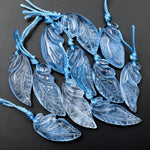 Hand Carved Natural Blue Aquamarine Leaf Pendant Bead Drilled Real Gemstone