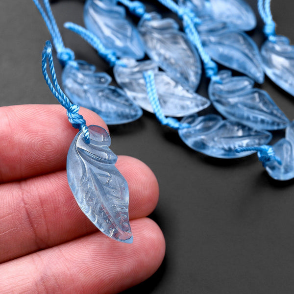 Hand Carved Natural Blue Aquamarine Leaf Pendant Bead Drilled Real Gemstone
