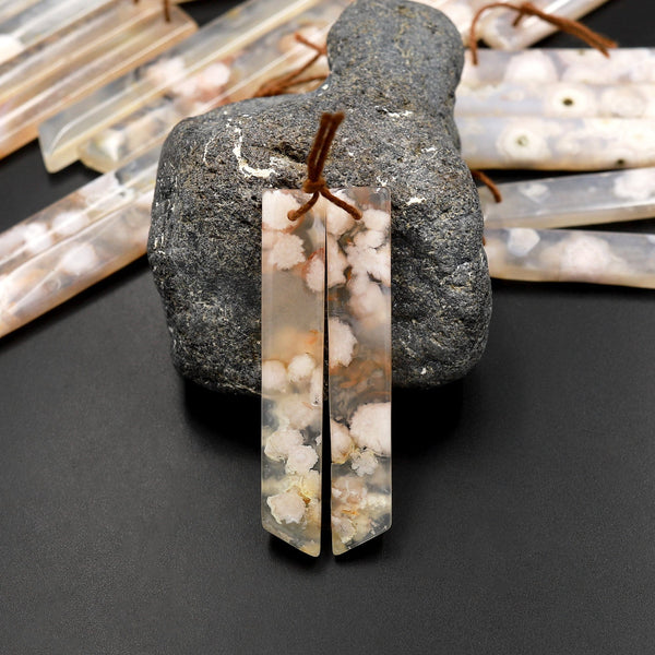 Natural Cherry Blossom Agate Earring Pair Drilled Matched Long Curved Rectangle Pair Aka Flower Agate