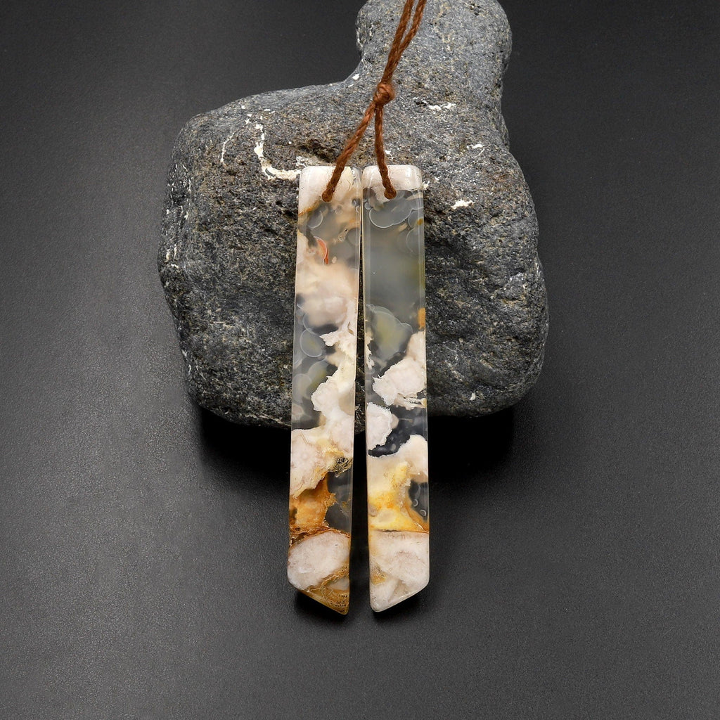 Natural Cherry Blossom Agate Earring Pair Drilled Matched Long Curved Rectangle Pair Aka Flower Agate A1