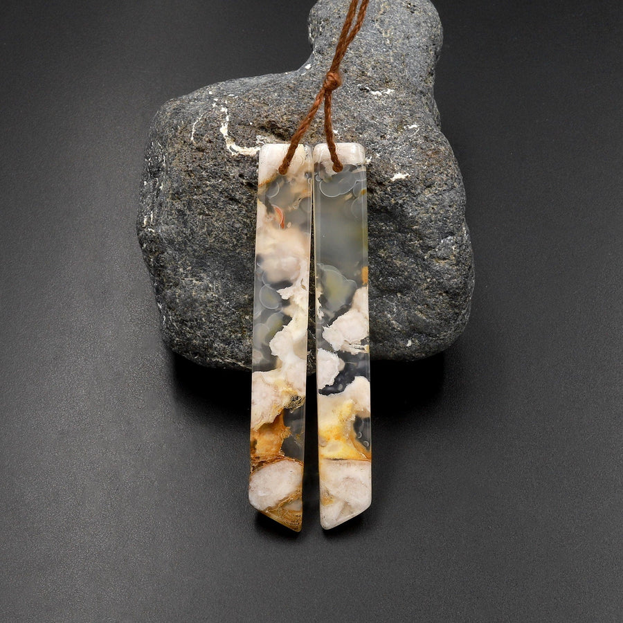Natural Cherry Blossom Agate Earring Pair Drilled Matched Long Curved Rectangle Pair Aka Flower Agate A1