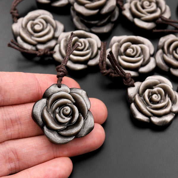 AAA Hand Carved Natural Silver Obsidian Rose Flower Pendant Gemstone Focal Bead