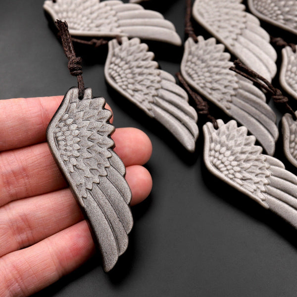 AAA Hand Carved Natural Silver Obsidian Angel Wing Pendant Gemstone Focal Bead A1