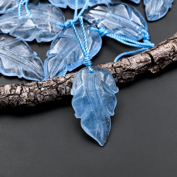 Hand Carved Natural Blue Aquamarine Leaf Pendant Bead Drilled Gemstone 3D