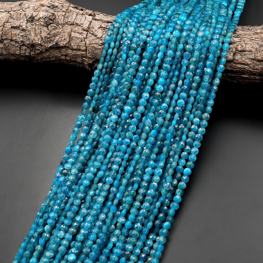 AAA Natural Blue Apatite Faceted Coin 4mm Beads Gemstone 15.5" Strand
