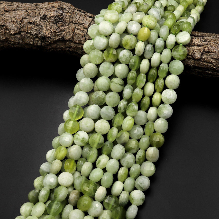 Natural Green Serpentine Jade faceted Coin Beads 8mm 10mm 15.5" Strand