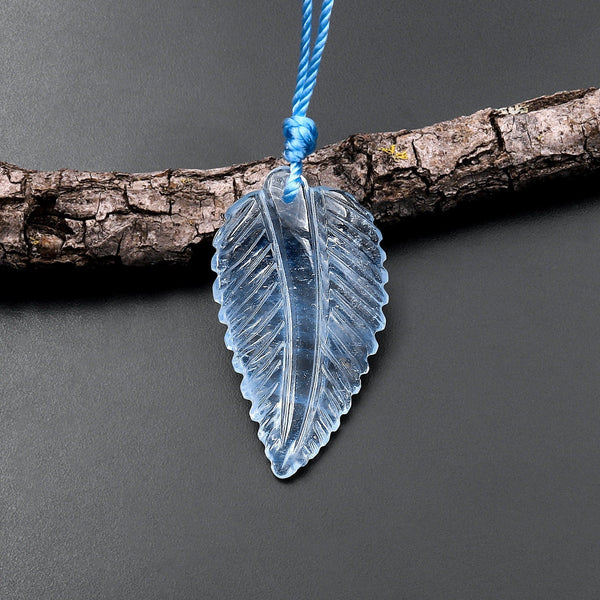 Hand Carved Natural Blue Aquamarine 3D Leaf Pendant Bead Drilled Gemstone