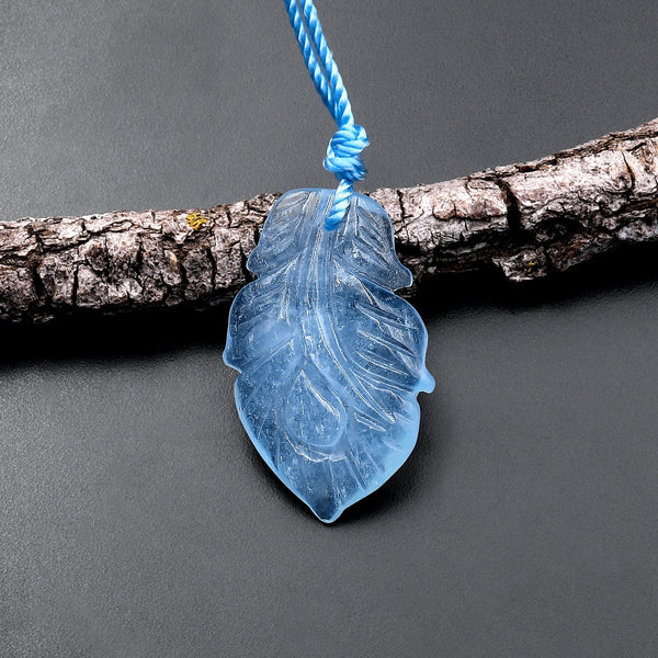 Hand Carved Natural Blue Aquamarine Flower Leaf Pendant Bead Drilled Gemstone