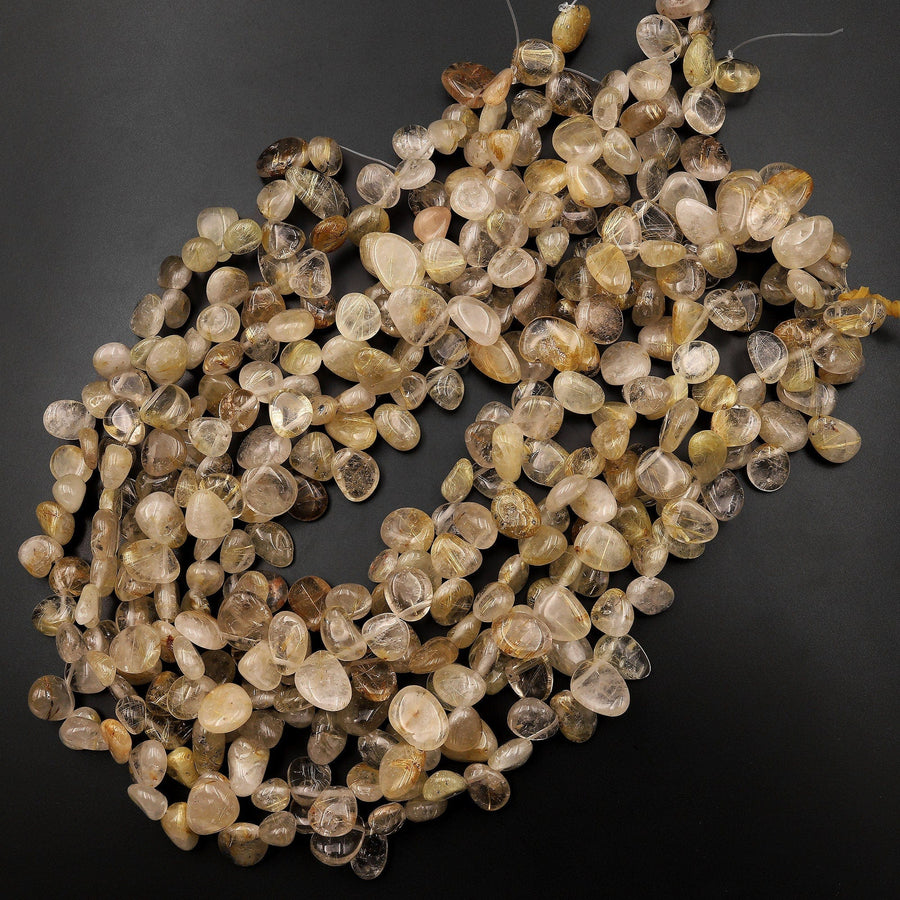 Natural Golden Rutile Quartz Freeform Teardrop Pebble Beads Gemstone 15.5" Strand