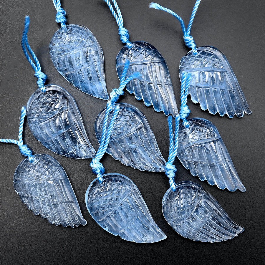 Hand Carved Natural Blue Aquamarine Angel Wing Pendant Bead Drilled Real Gemstone