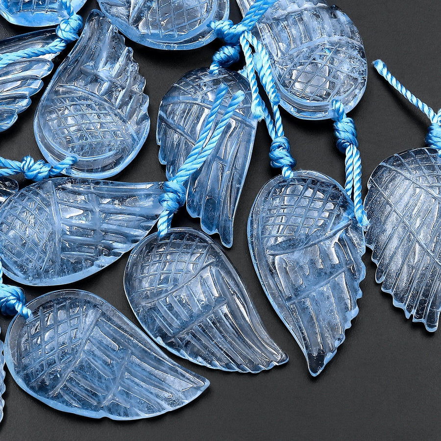 Hand Carved Natural Blue Aquamarine Angel Wing Pendant Bead Drilled Real Gemstone