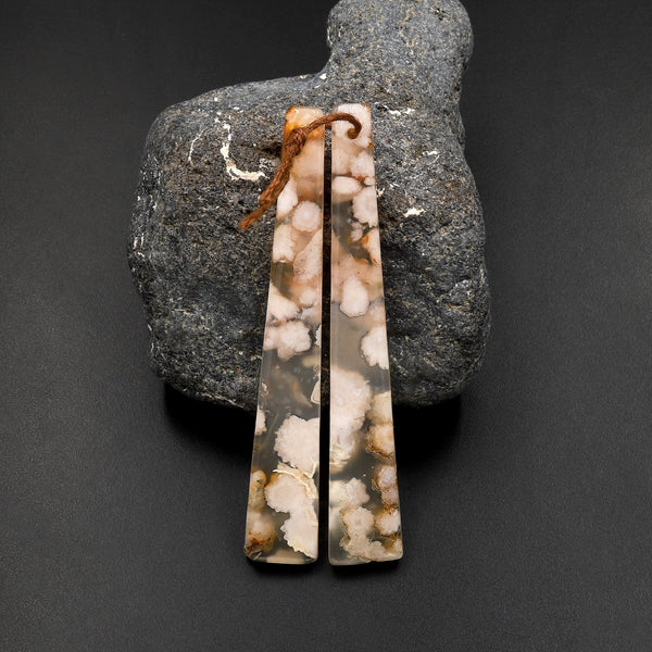Natural Cherry Blossom Agate Earring Pair Drilled Matched Long Trapezoid Pair Aka Flower Agate