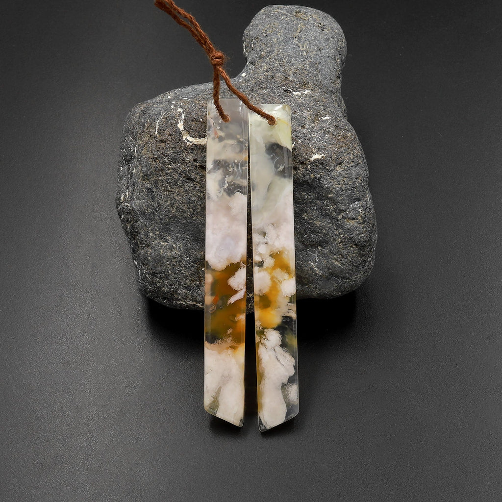 Natural Cherry Blossom Agate Earring Pair Drilled Matched Long Curved Rectangle Pair Aka Flower Agate A2