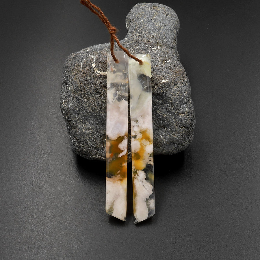 Natural Cherry Blossom Agate Earring Pair Drilled Matched Long Curved Rectangle Pair Aka Flower Agate A2
