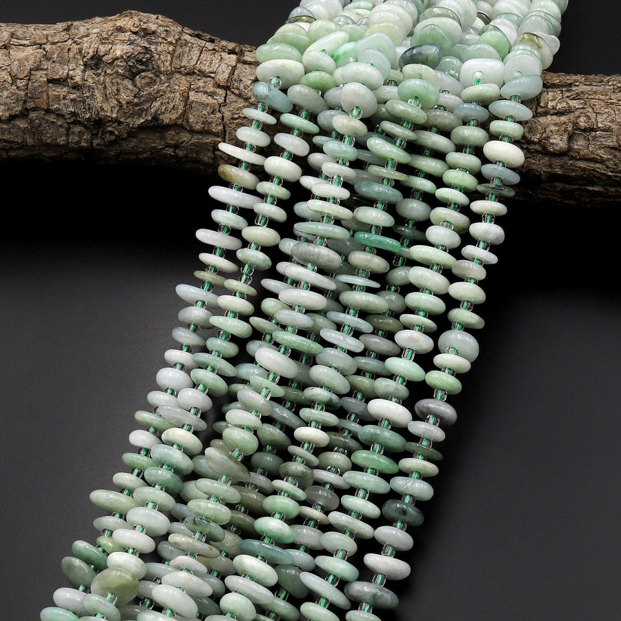 Natural Green Burma Burmese Jade Freeform Rondelle Disc Beads 15.5" Strand