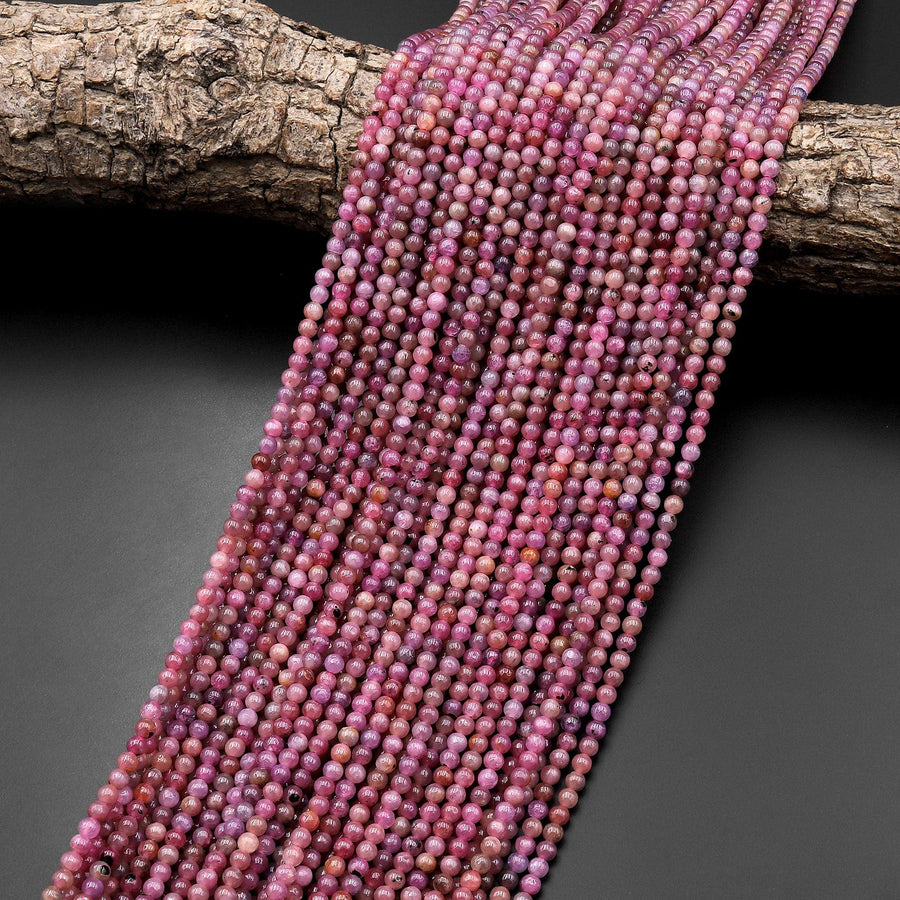 Genuine Natural Pink Ruby 3mm Smooth Round Gemstone Beads 15.5" Strand