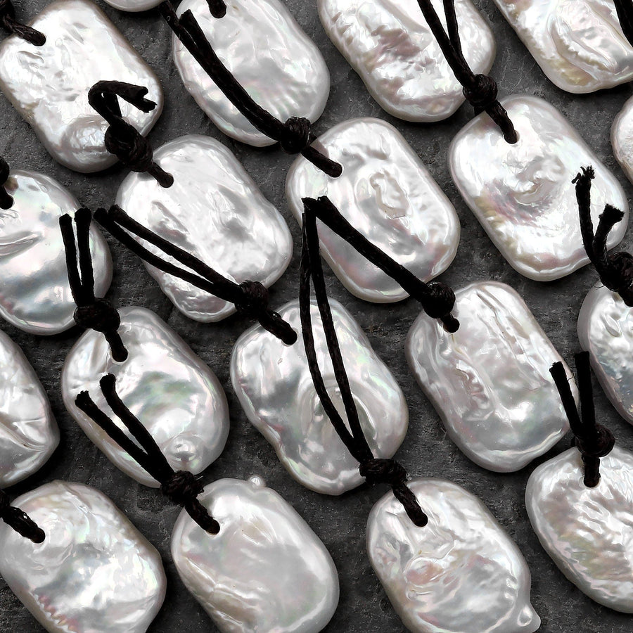 Natural White Rectangle Freshwater Coin Pearl Pendant Drilled Focal Bead