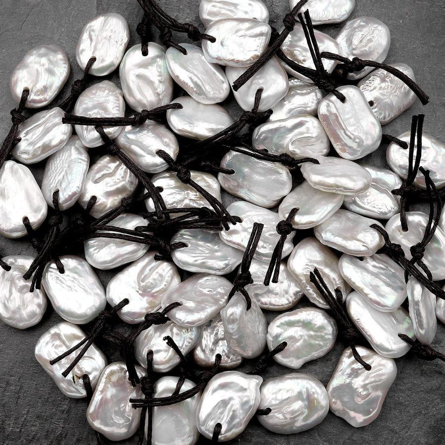 Natural White Rectangle Freshwater Coin Pearl Pendant Drilled Focal Bead