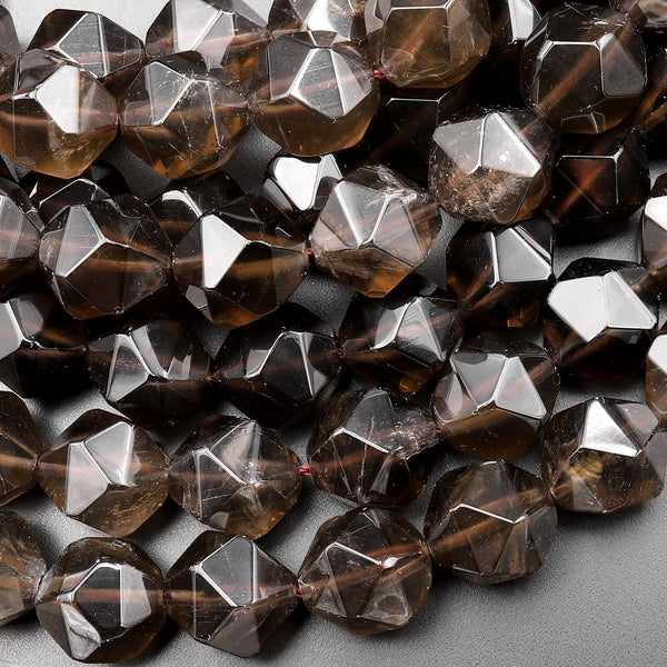 Natural Smoky Quartz Beads Faceted 8mm 10mm 12mm Rounded Star Cut Gemstone 15.5" Strand