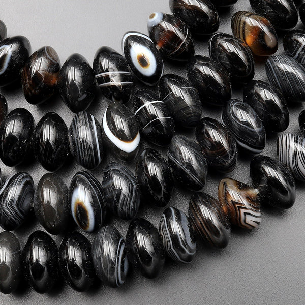 Natural Tuxedo Agate Smooth 10mm Rondelle Beads Black White Stripes 15.5" Strand