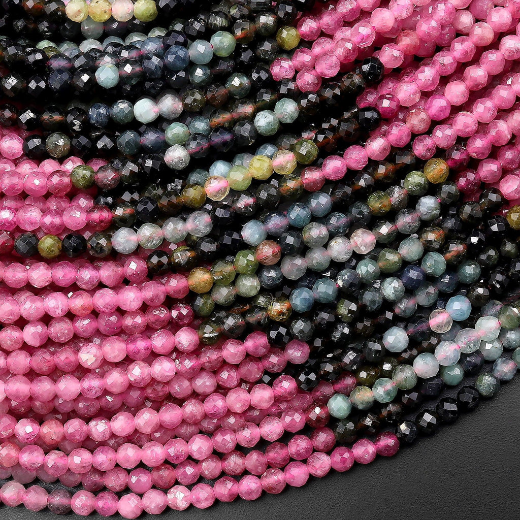 Micro Faceted Natural Pink Green Tourmaline Round Beads 3mm 15.5" Strand