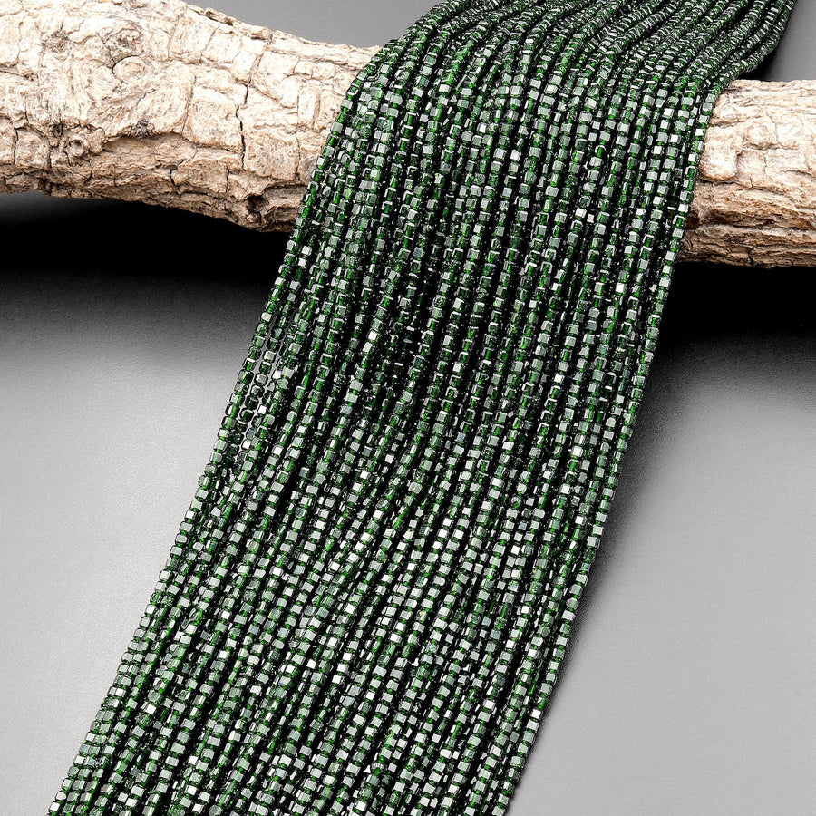 Micro Faceted Green Goldstone Sandstone Beads 2mm Cube 15.5" Strand