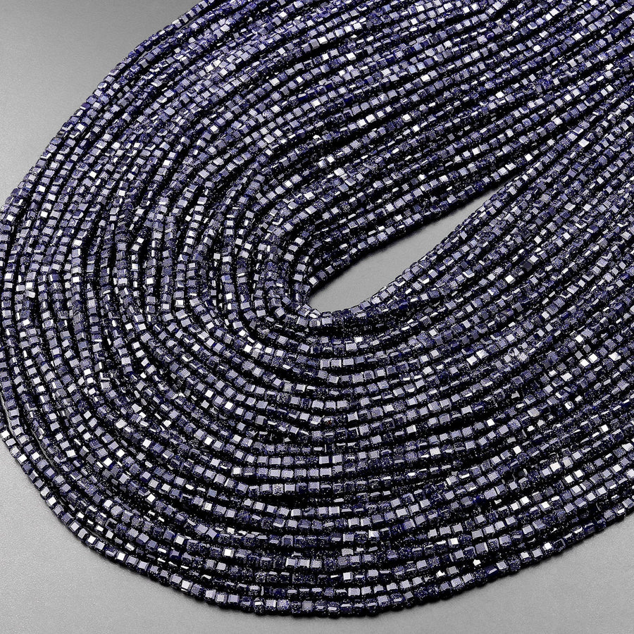 Micro Faceted Blue Goldstone Sandstone Beads 2mm Gemstone Cube 15.5" Strand