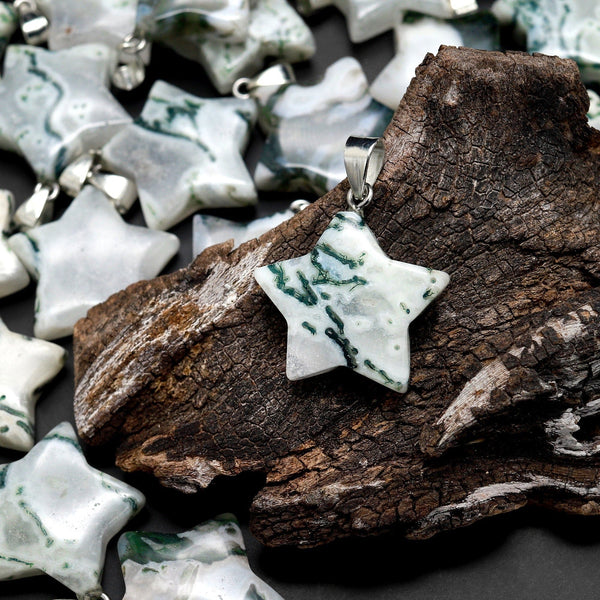 Natural Green Moss Agate Pendant Gemstone Star A1