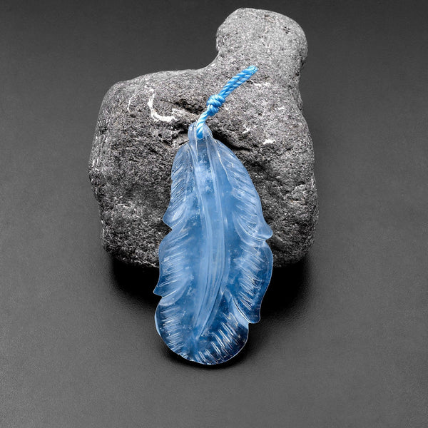 Hand Carved Natural Blue Aquamarine Feather Pendant Bead Drilled Real Gemstone
