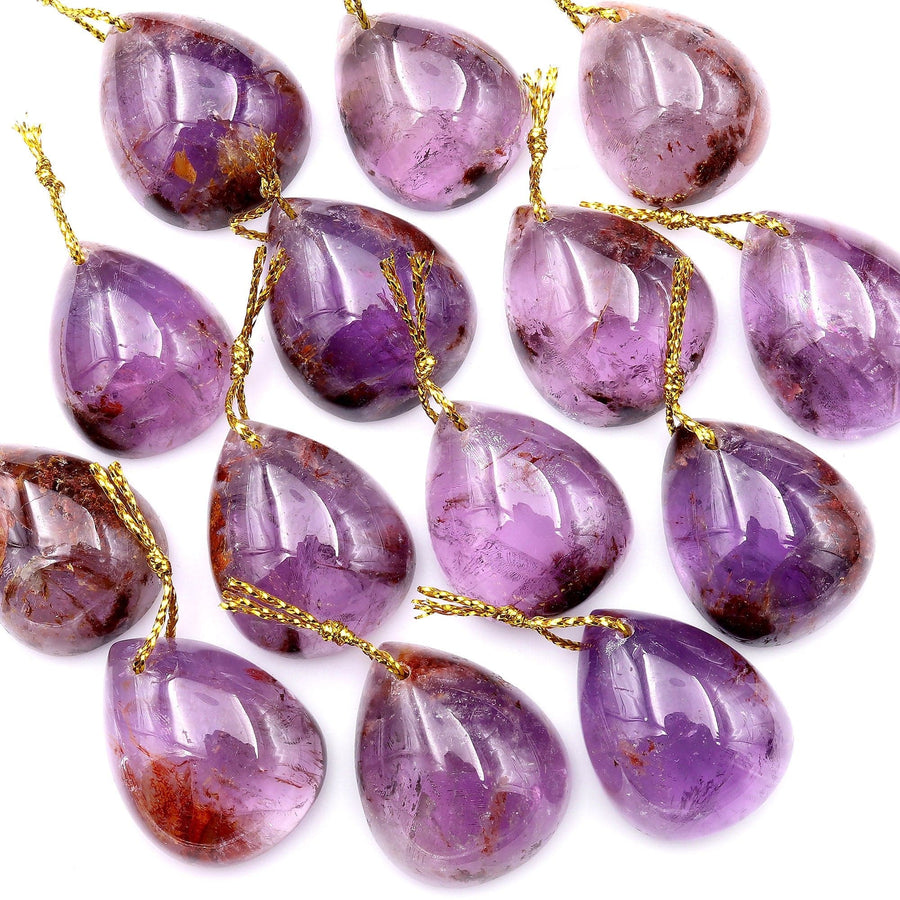 Super 7 Crystal Element Natural Phantom Amethyst Cacoxenite Teardrop Pear Drilled Focal Bead Pendant