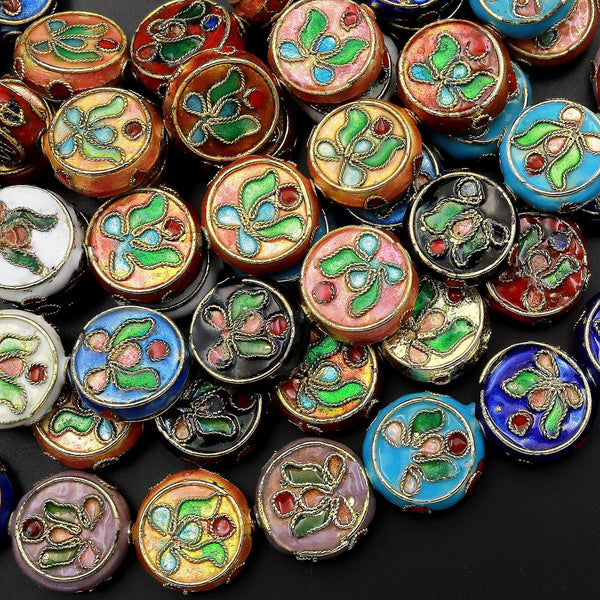 Hand Made Cloisonné Coin Disc Beads 14mm Decorative Floral Enamel 15.5" Strand