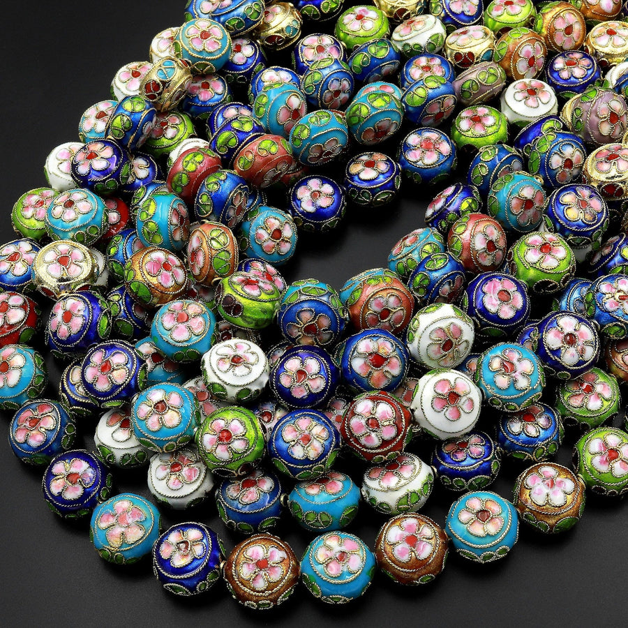 Hand Made Cloisonné Coin Beads 14mm Decorative Floral Copper Enamel 15.5" Strand