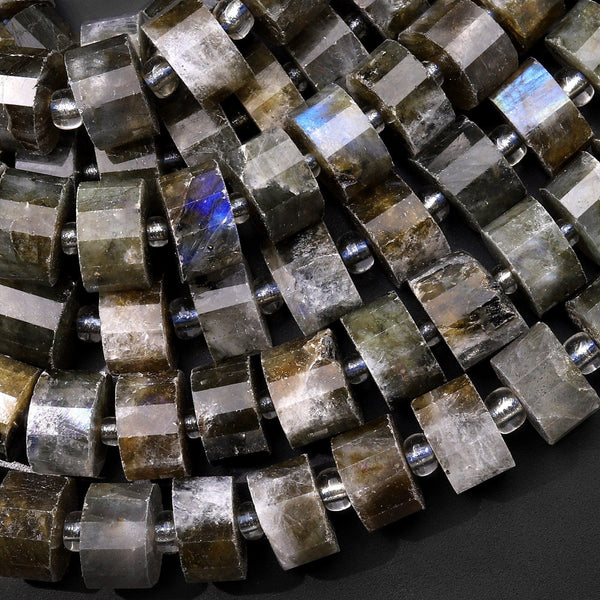 Faceted Labradorite Rondelle Beads Flashy 12mm Wheel Cylinder 15.5" Strand