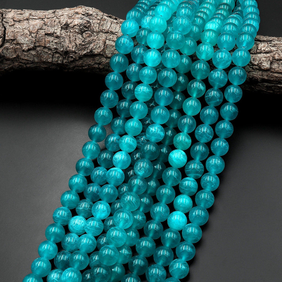 Peruvian Amazonite 8mm Round Beads Stunning Intense Sea Blue Color 15.5" Strand