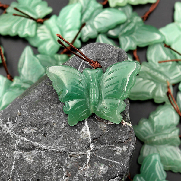 Hand Carved Natural Green Aventurine Butterfly Pendant Gemstone Focal Bead