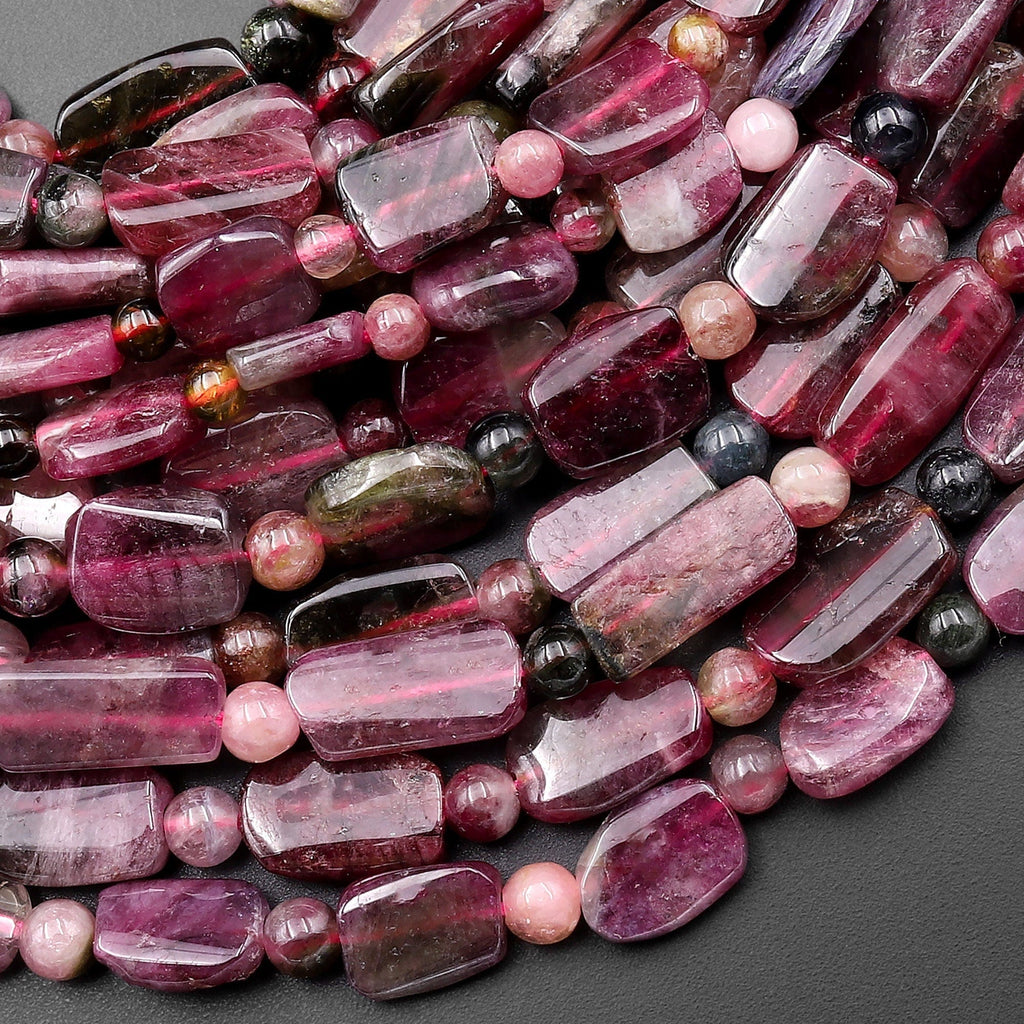 Natural Fuchsia Pink Tourmaline Freeform Rectangle Beads Gemstone 15.5" Strand